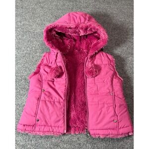 Girls Pink Faux Fur‎ Puffer Vest with Hood Cute Heart Snaps Kids